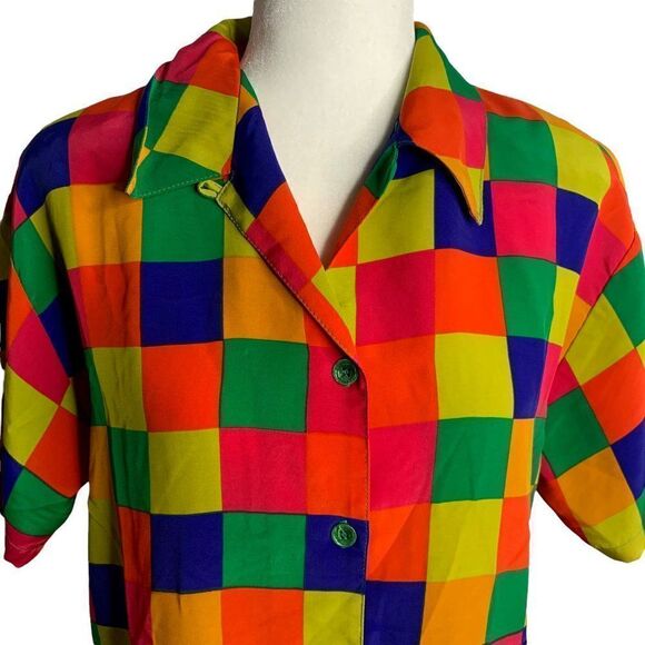 Vintage Silky Button Down Short Sleeve Shirt M Multicolored Check Shoulder Pads - Picture 1 of 6